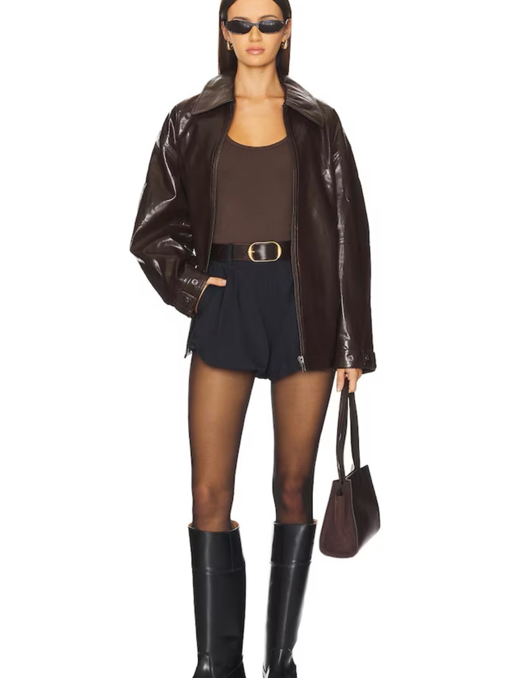 Free People Shiny Dark Brown Faux Leather Zip Jacket